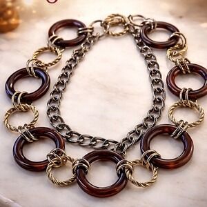 Mixed Metal Resin Ring Layered Necklace Gold Gunmetal Amber Statement Chain